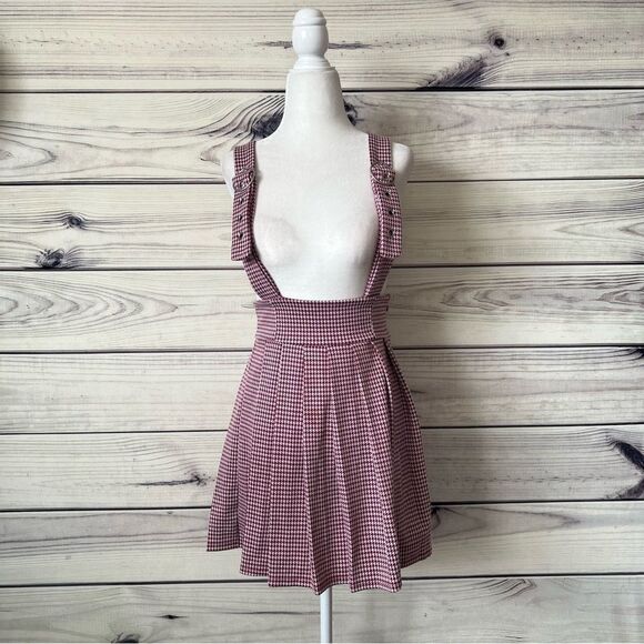 Forever 21 Maroon & White Houndstooth Pleated High Waist Skirt with Straps - Picture 1 of 12